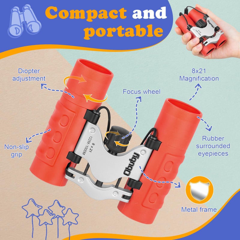 Obuby Real Binoculars for Kids Gifts for 3-12 Years Boys Girls 8x21 High-Resolution Optics Mini Compact Binocular Toys Shockproof Folding Small Telescope for Bird Watching,Travel, Camping,Red - Image 5